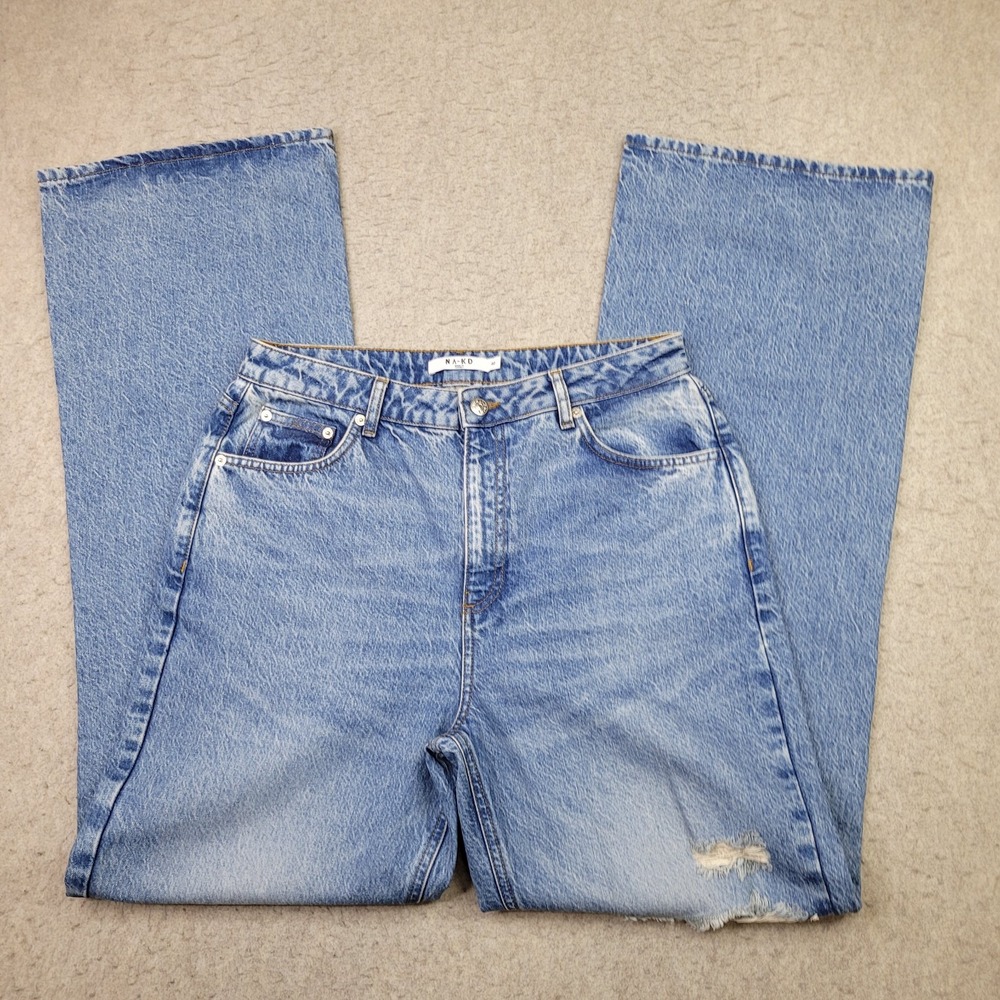 NA-KD Flare Wide Leg High Rise Jean Womens 31x34 (Size 40) Distressed Blue Denim